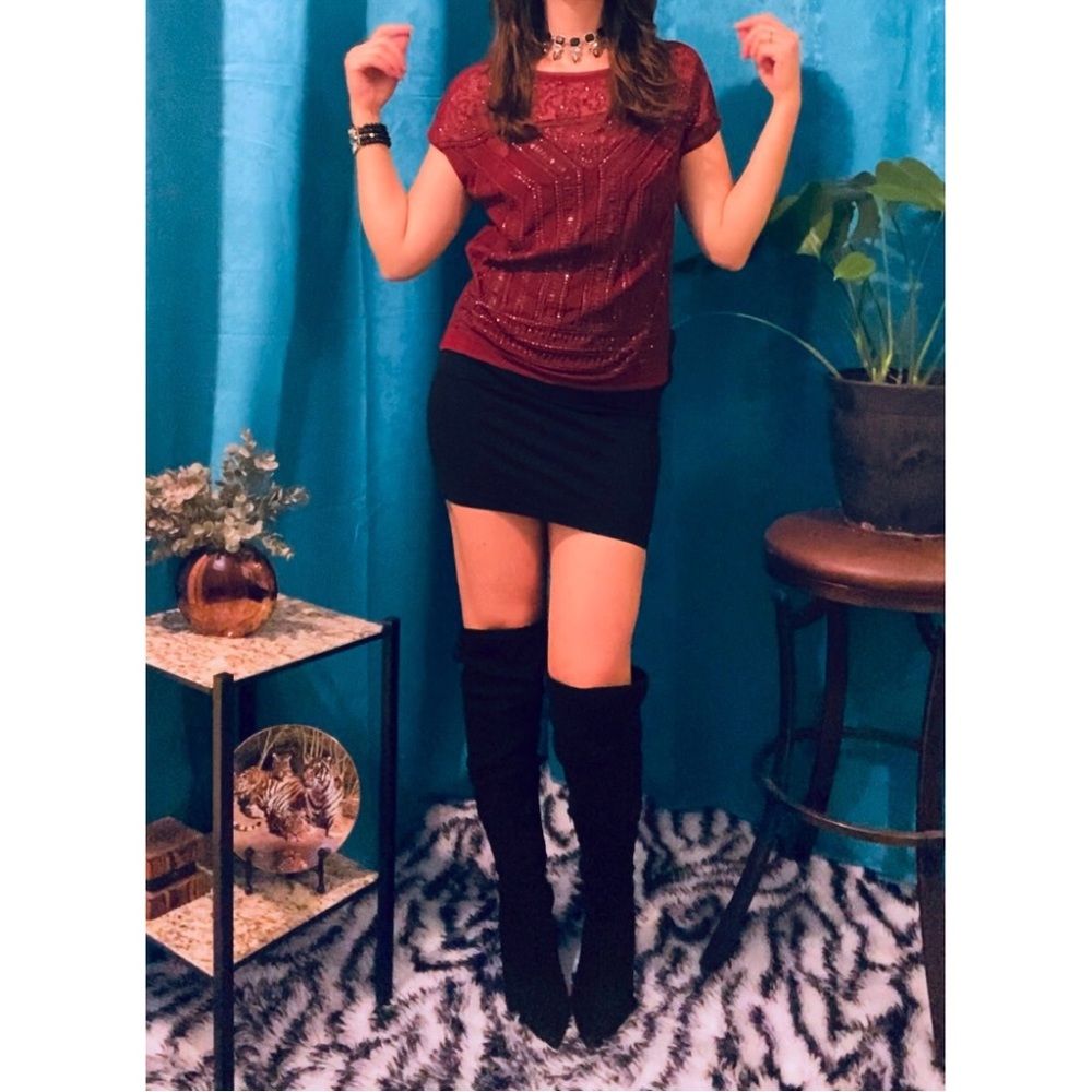 Sheer Glamour 🌹✨
Red Embellished Sequin S/S Top